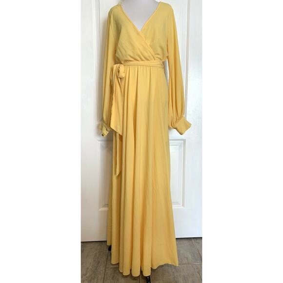 Los Angeles Boutique V Neck Long Sleeve Chiffon Soft Yellow Maxi Dress Belted M - Picture 4 of 12